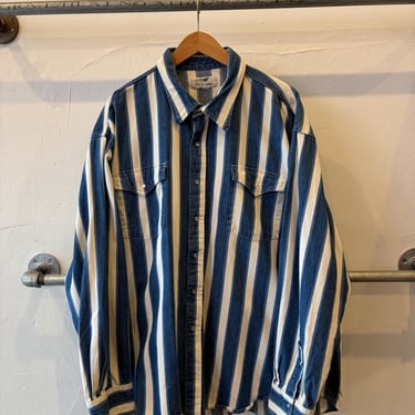 Vintage Drysdales Two Pocket Striped Pearl Snap Blue Button Up Shirt XXL 