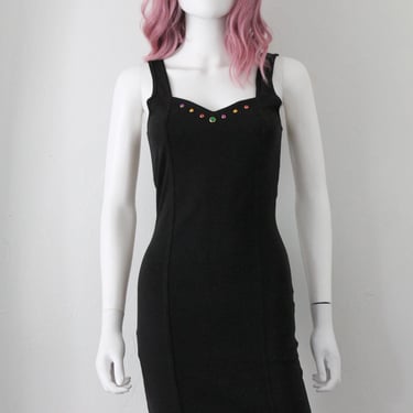 Vintage 90's Black Bodycon Dress with Faux Gem Detail, Flying Colors Dress 