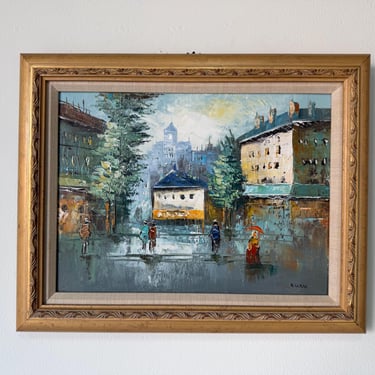 1990’s Vintage Parisian Street Scene Oil on Canvas Painting by Ellen – Wood Framed 