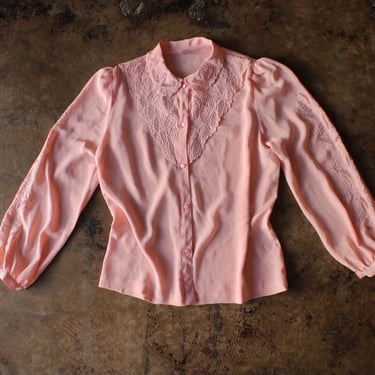 Vintage Pink Blouse / Embroidered Lace Long Sleeve Button Up Shirt / Women's Medium 