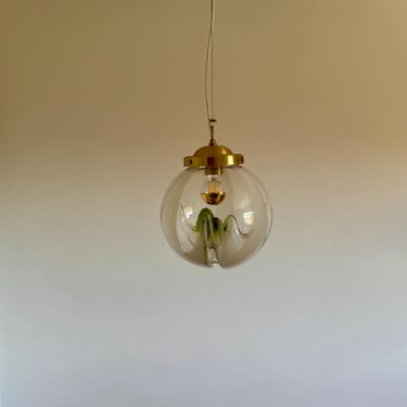 Vintage Murano Glass Globe Pendant Lamp / Mid Century Modern Mazzega White & Green Ceiling Light / 1970s 
