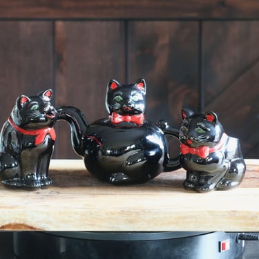 Vintage Shafford Black Cat Tea Set, Retro Kitchenalia, Cute Kitschy Redware Cat Teapot, Creamer & Sugar, Collector Gift, Grannycore Kitsch 