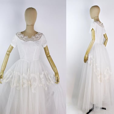Vintage 50s White Tulle Wedding Dress – Princess Style, Size XS/S 