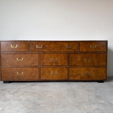 1970’s John Widdicomb Campaign Mid-Century Burlwood & Brass 9-Drawer Lowboy Dresser 