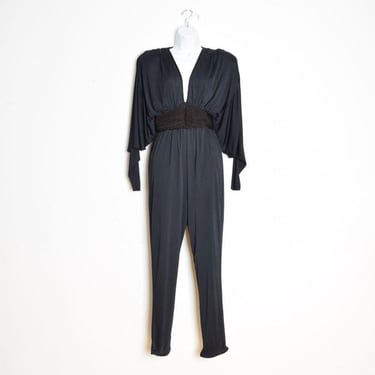 vintage 80s disco jumpsuit black draped dolman tapered grecian quilted romper XS 