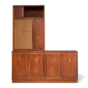 Jack Cartwright for Founders Mid Century Walnut and Cane Credenza and Hutch - mcm 
