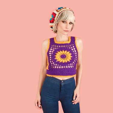 Vintage 1970's Charlie's Girls Crochet Knit Sweater Vest // Flower Knit HiPPiE Boho 70's // Small S 