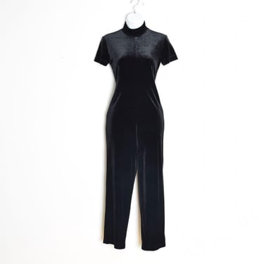 vintage 90s jumpsuit black stretch velvet tapered leg catsuit romper outfit XS S 