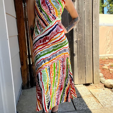 Vintage 1990s Sergenti Abstract Rainbow Asymmetrical Maxi Dress, Size Small 