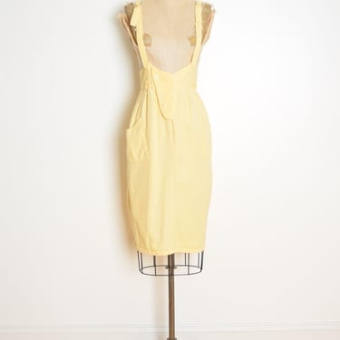vintage 80s suspender skirt jumper dress yellow cotton overalls midi S 