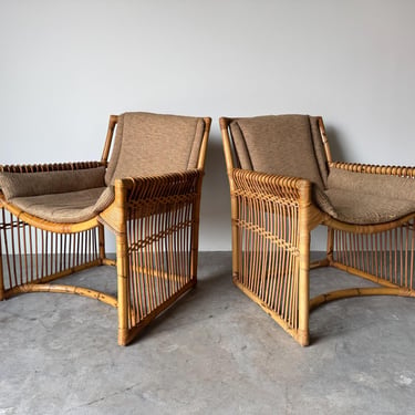 1970’s Italian Vintage Boho Chic Organic Bamboo and Rattan Lounge Chairs – A Pair 