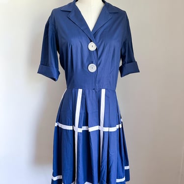 Vintage 1950s Navy Shirtwaist Dress / M 