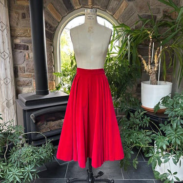 Vintage 1950s Red Velveteen Circle Midi Skirt 