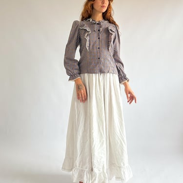 Vintage 1970s Australian-made prairie blouse / soft plaid cotton blend / ruffle front / puff sleeves 