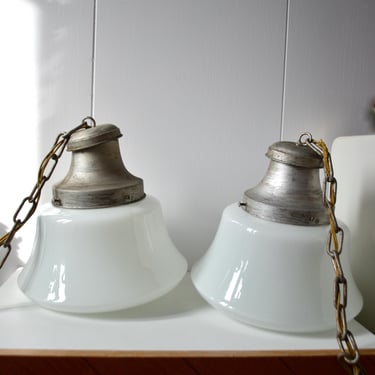 Vintage Art Deco Milk Glass Ceiling Light Fixtures. Industrial Milk Glass Pendant Lights. Hanging Chain 1930s-40s Schoolhouse Glass Lamps 