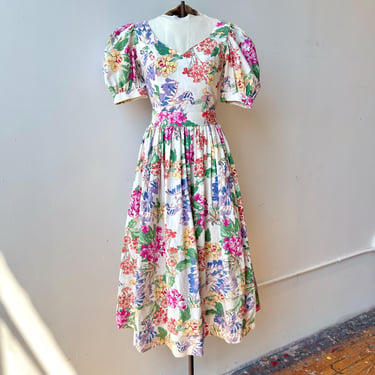 Vintage 1980s Laura Ashley  Botanical Floral Puff Sleeve Cotton Dress 