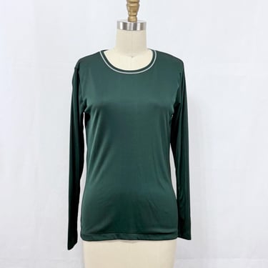 Vintage 1970s Nylon Long Sleeve Shirt | Dark Pine Green with White Top Stitching | Size Medium 