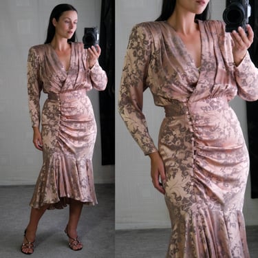 Vintage 80s BB Collections Dusty Mauve Floral Jacquard Ruche Pleated Drop Waist Mermaid Dress | Made in USA | 1980s Designer Semi Formal 