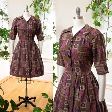 Vintage 1950s Shirt Dress | 50s Geometric Print Cotton Purple Brown Fit and Flare Button Down Shirtwaist Day Dress | medium 