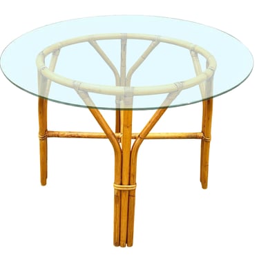 Restored Mid-century Round Glass Top 3-Strand Rattan Dining Table 