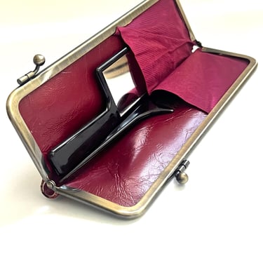 Vintage Clasp Bag Comb and Mirror Set, Fabric Clutch with Comb and Mirror, Red Leather Interior Small Clutch 