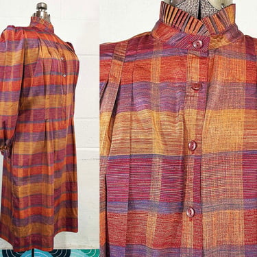 Vintage 70s Autumn Plaid Dress Nancy Greer Shirt Style Blouse Peasant Long Sleeves 1970s Large 