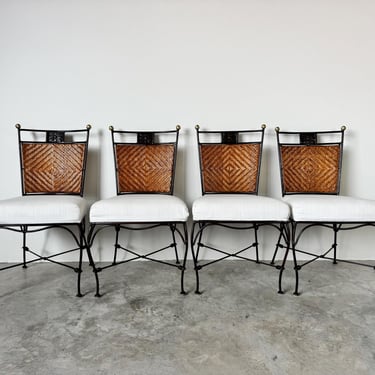 Vintage Wrought Iron and Rattan Dining Chairs with Brass Ball Finials – Set of 4 