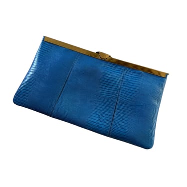 Vintage 1970’s era blue genuine  leather alligator  print purse with chain shoulder strap, clutch 