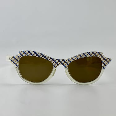 1950'S Vintage Cat Eye Sunglasses - Made in the USA - Blue & Gold Checked Plastic Frames - Original Smokey Glass Lenses 