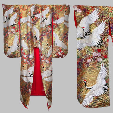 Vintage Japanese Wedding Kimono with Cranes / Metallic Gold and Red Embroidered Kimono 