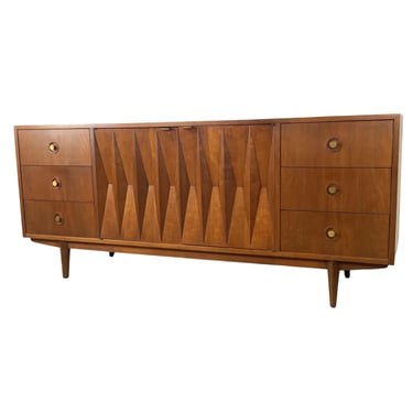 Merton Gershun for American of Martinsville Harlequin Walnut Triple Dresser, 1960s 
