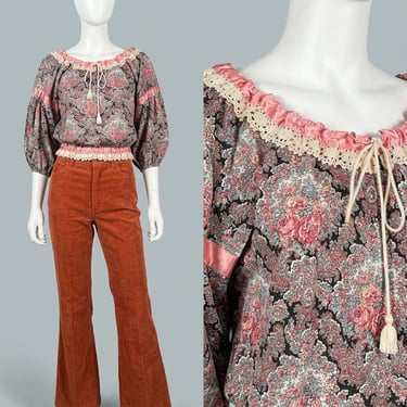 Vintage 1970s Paisley Floral Frilly Lace Pink Satin Ribbon Accent Top Size S/M 