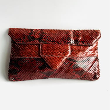 vintage Ruth Saltz exotic rust red toned snakeskin patchwork envelope clutch purse 