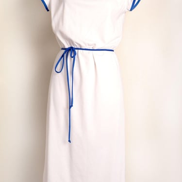 70's T Shirt Dress, Vintage White & Blue 1980's, 1970's Day Dress Cotton Disco Hippie era 