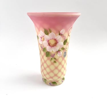FENTON BURMESE VASE, Handpainted Flowers, Uranium Diamond Pattern, Signed by Artist, Milestone Collection, Limited Edition 1950s 