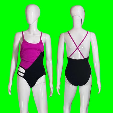 1980s Sun Joy Black and Pink Bathing Suit – Size S