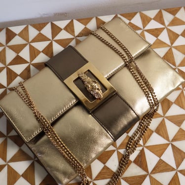 Vintage F/W 2000 Gucci by Tom Ford Gold Leather Dionysus Clutch Crossbody Shoulder Bag Gold Chain Dragon Y2K 