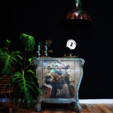 Steampunk oversized Nightstand, 3 drawer  dresser Painted old World . Bedroom dresser. Colorful Entryway chest of drawers . Whimsical 