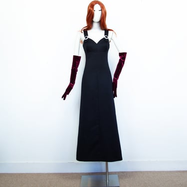 Vintage 90s Black Maxi Long Evening Dress Fit & Flare Rhinestones Details Sleeveless Size S UK 10 