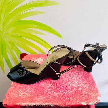 1970s black wedge high heels 70s disco glam patent leather glossy peep toe ankle strap flower shoes / made in Italy / size 7.5 7 1/2 38 