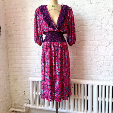 Vintage 1980s Diane Freis Smocked & Pleated Floral Dress 