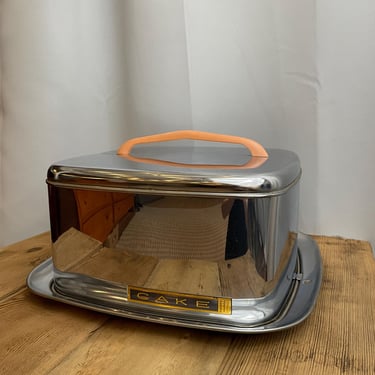 Lincoln Beautyware Chrome Cake Carrier Plate Midcentury Modern 1950s pink handle 