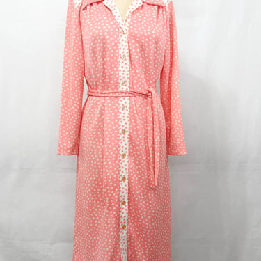 Vintage 70s Belted Shirtdress | Peach and White Polyester | Size Medium 