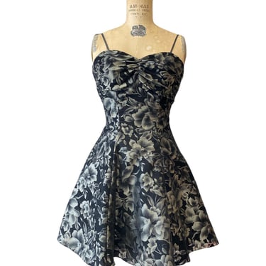 vintage 1990s black floral velvet prom dress x-small fit and flare mini ruched 