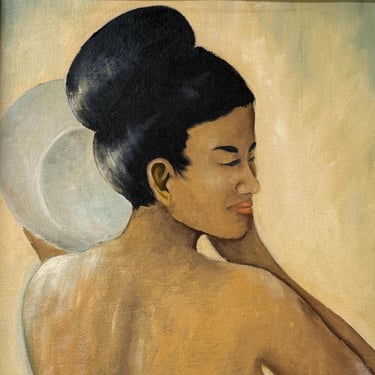 1950s Oil Painting of Seated Nude Woman | Signed M Carlson | Gauguin Style Tahitian Mid Century Figurative Art 