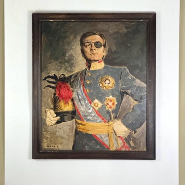 One Patched Eye 1960s Vintage Framed Oil on Board Painting of Military ,Man 