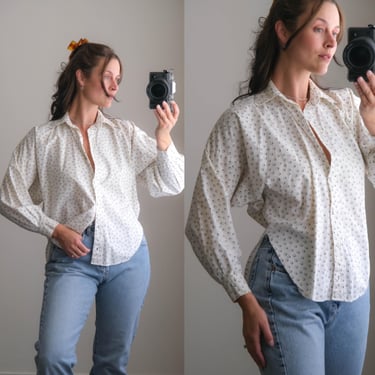 Vintage 80s NORMA KAMALI Black & White Polkadot Print Dolman Sleeve Cotton Button Front Shirt Blouse | Made in USA | 1980s Designer Top 