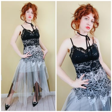 Y2K Insane Rare Whimsy Goth Fairy Dress / Vintage Black and Grey Mesh, Lace and Sequin Dress / Small - Medium 