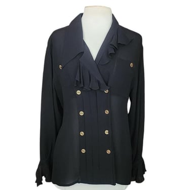 Vintage 1980s Karl Lagerfeld Blouse Black Silk Ruffled Front Poet Shirt Semi-Sheer 