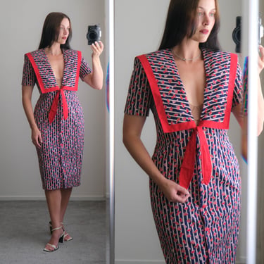 Vintage 80s Nautical Style Striped Dress w/ Sailor Collar & Maritime Motif Print | 100% Cotton |  1980s Fisherman Style Designer Dress 